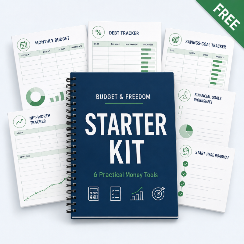 Budget and Freedom Starter Kit with budgeting, debt, savings, net worth and financial goal resources